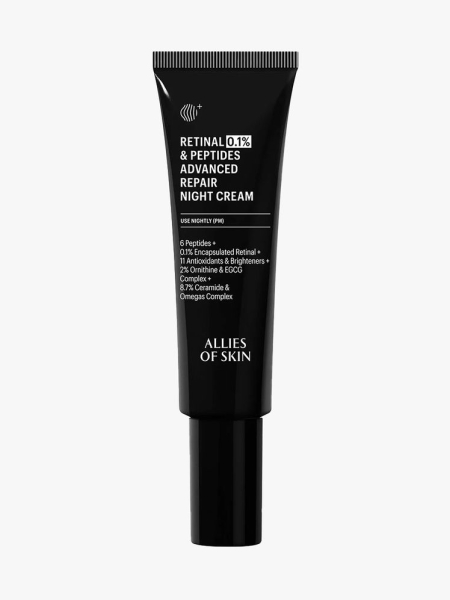 Allies of Skin Retinal 0.1% & Peptides Advanced Repair Night Cream black tube on light gray background
