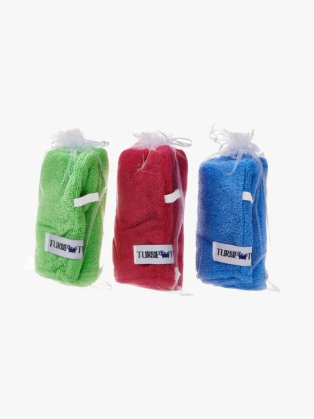 Turbie Twist Microfiber Hair Towel in branded components on a light gray background